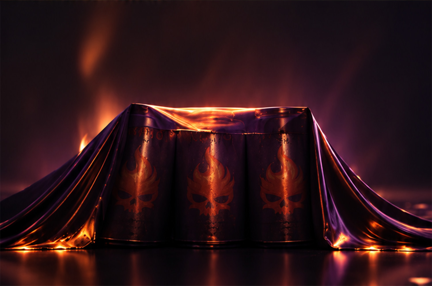 Three Saiko kombucha cans draped in glossy purple fabric, lit by orange flame light