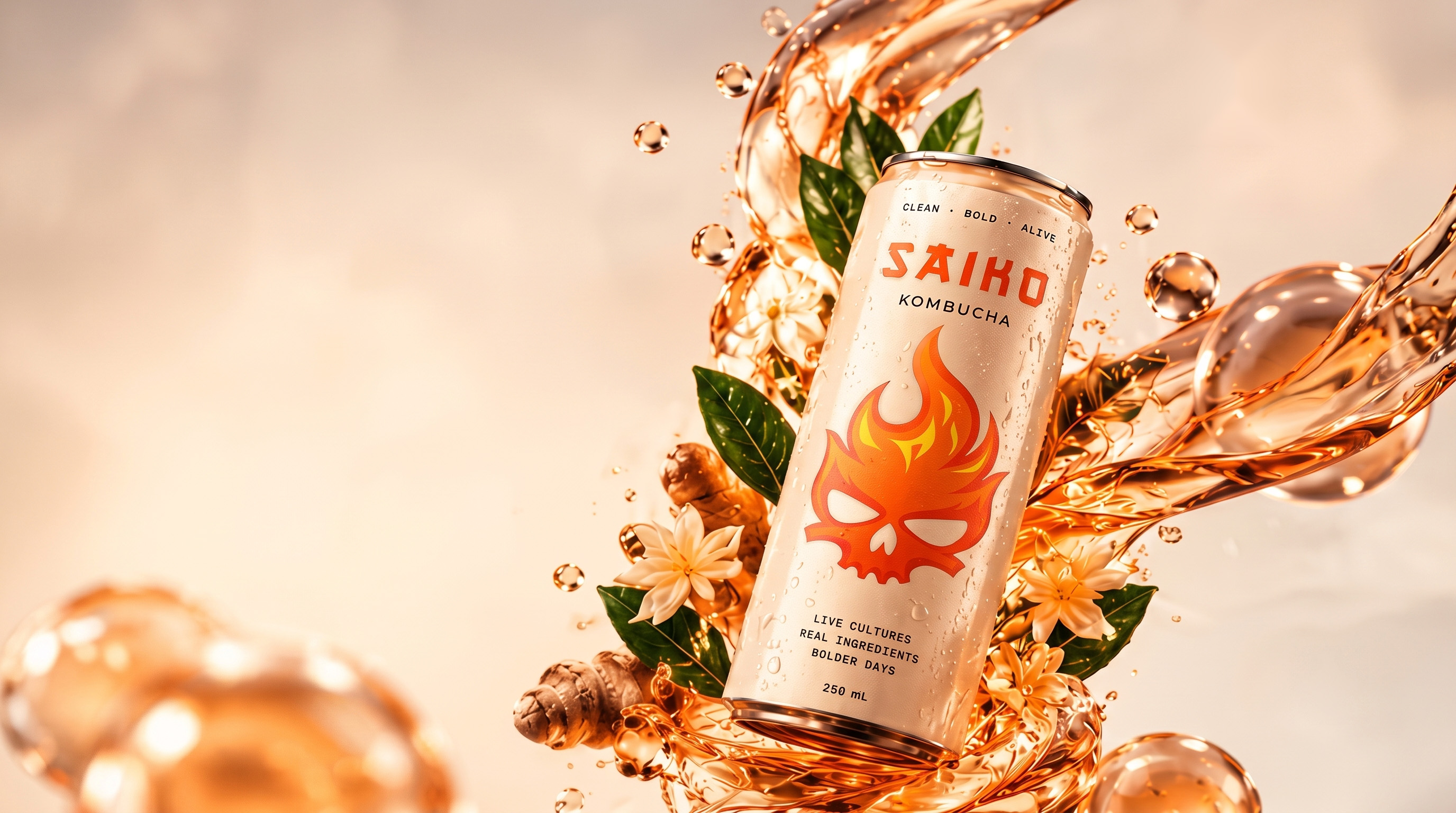 Saiko kombucha can surrounded by swirling amber liquid, tea leaves, ginger and flowers