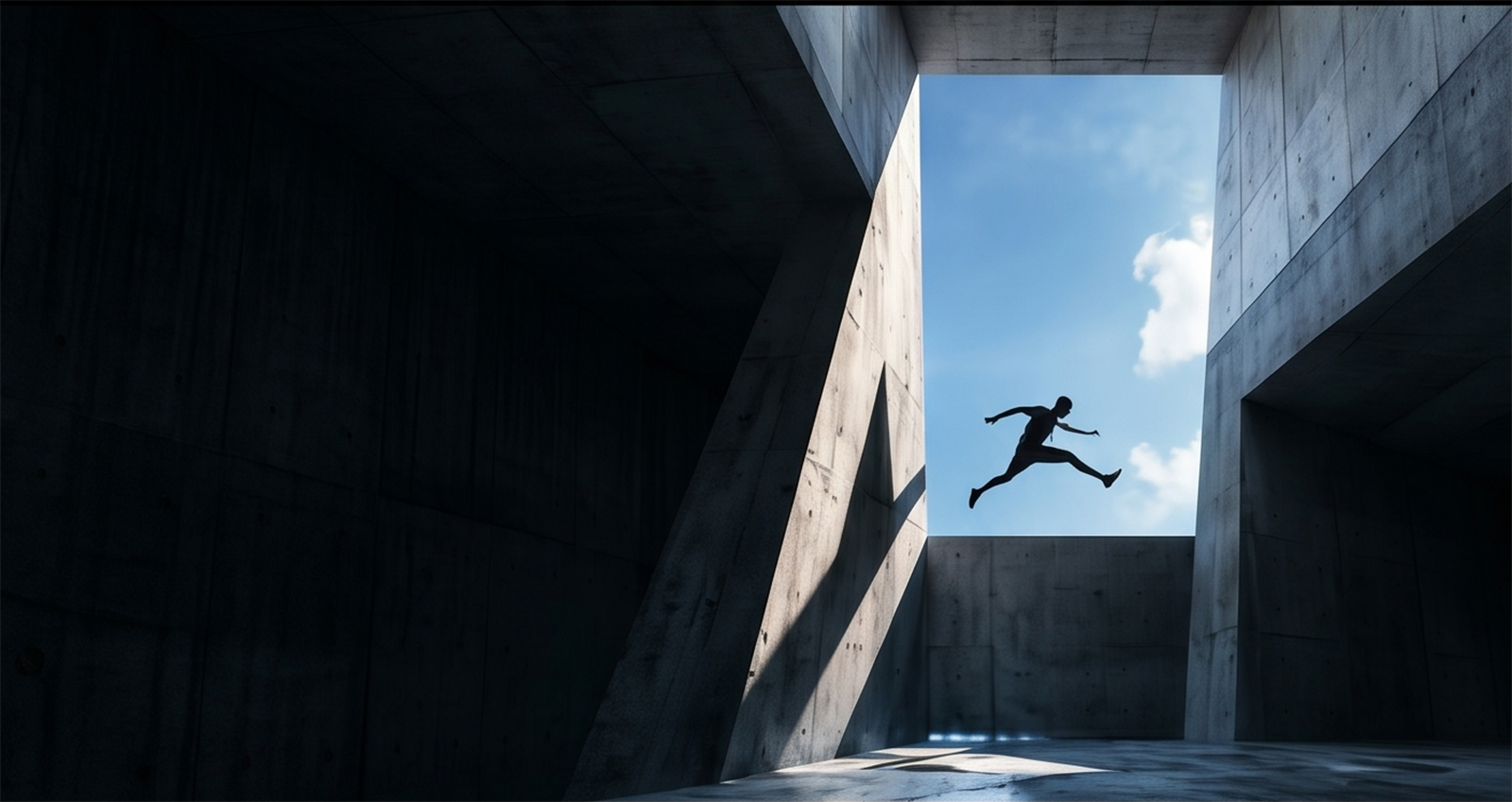 Silhouette of an athlete leaping through a concrete opening against a blue sky
