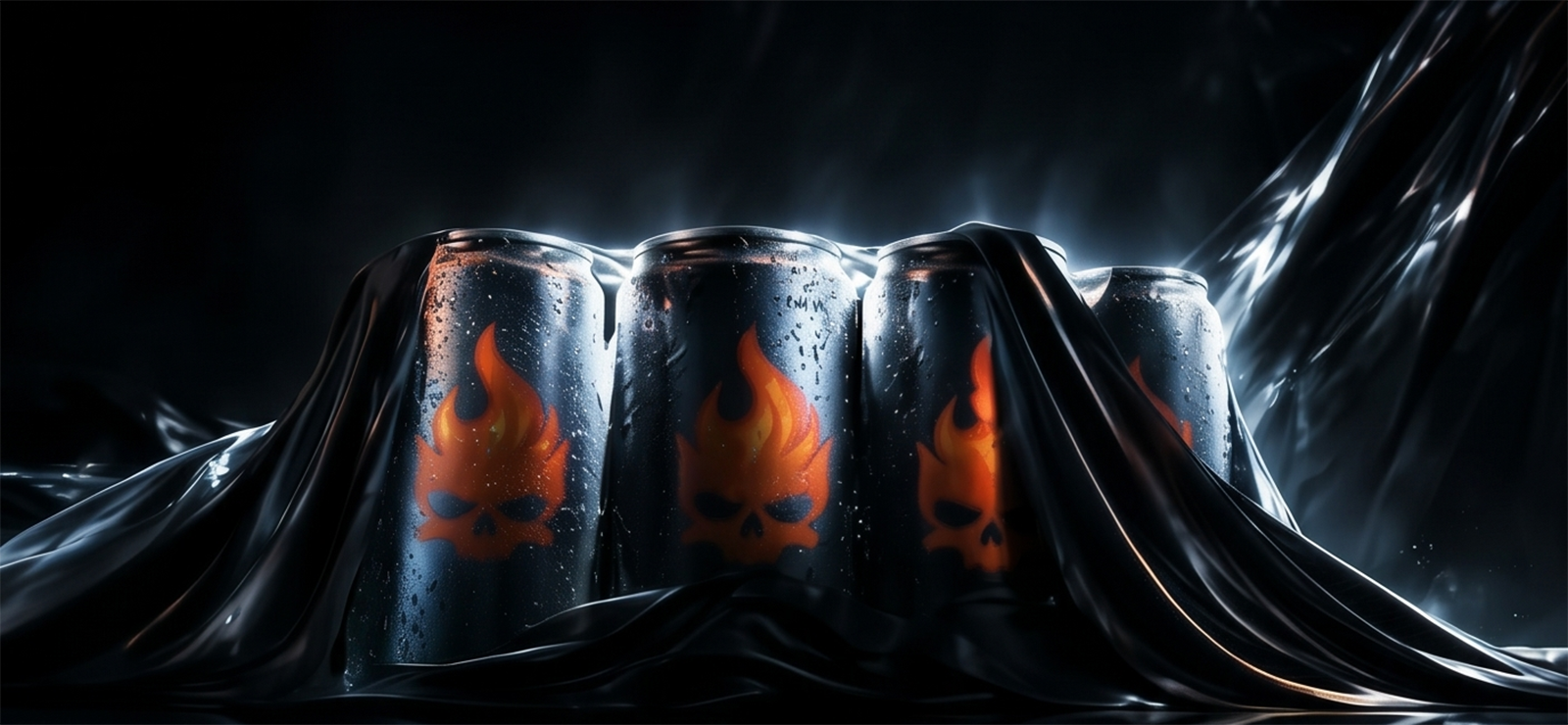 Row of dark Saiko cans with flame skull logos partly covered by black fabric