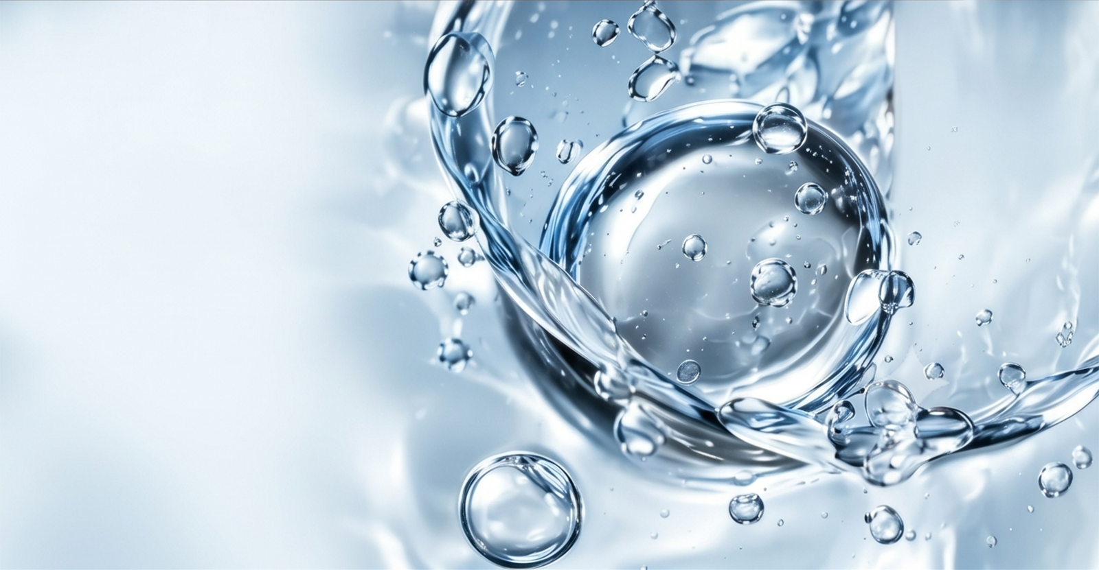Clear water swirling around bubbles and droplets
