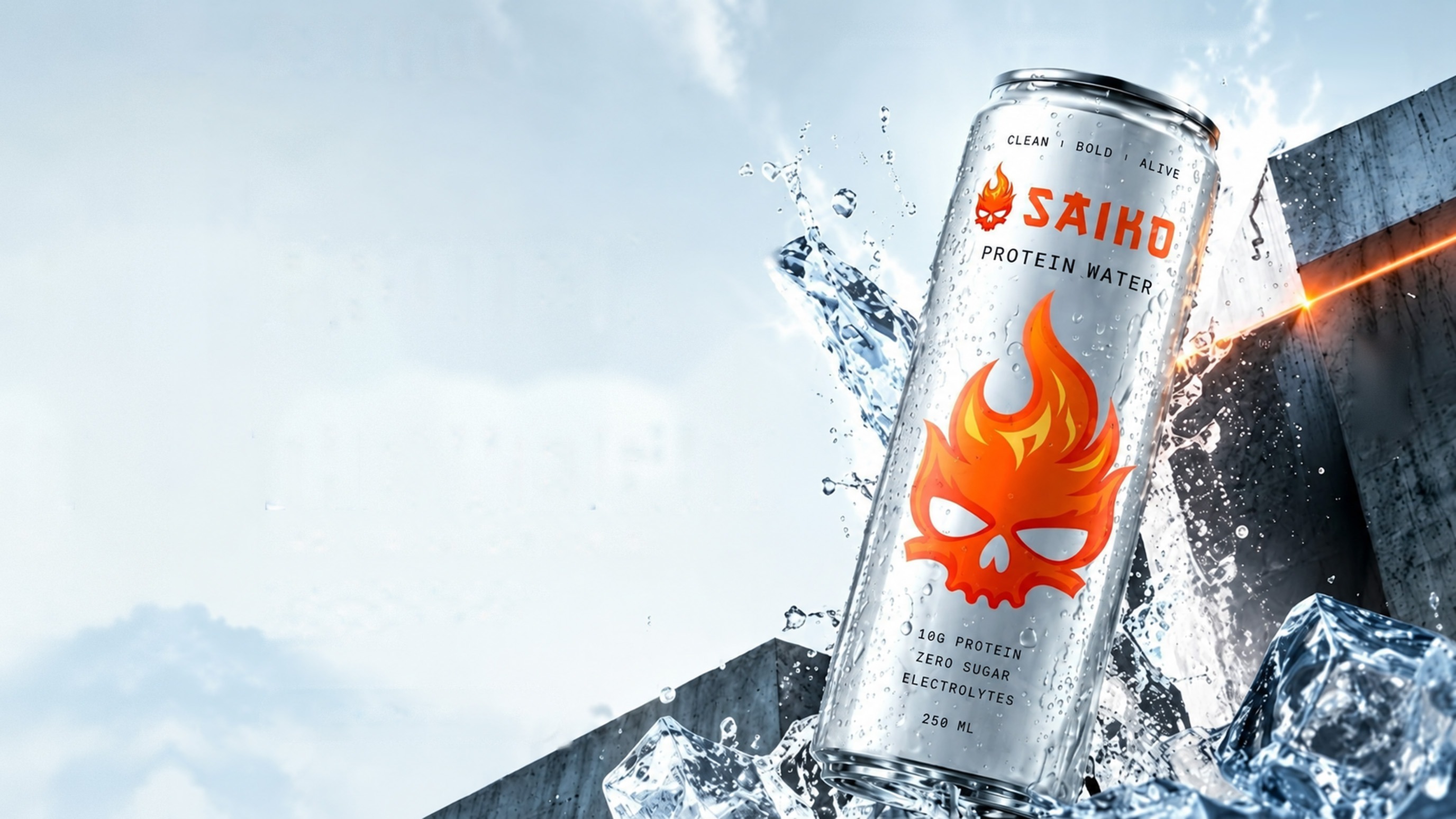 Saiko Protein Water can on a concrete ledge with splashing water and ice